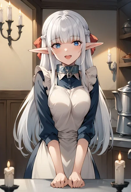 score_9, score_8_up, score_7_up, score_6_up, score_5_up, score_4_up,nephilia, blue eyes, long hair, pointy ears, elf, white hair, 1girl, solo, smile, open mouth, braid, blunt bangs, apron, candle, collar, :d, indoors, looking at viewer, french braid