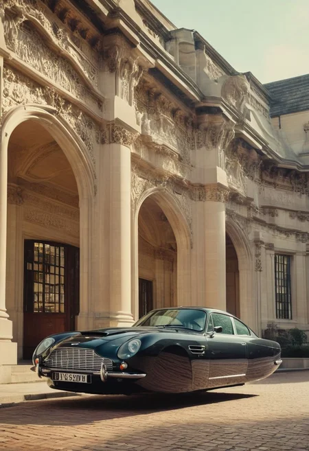 (low angle shot:1.4),an editorial photo of a black vintage Aston Martin DB5 style Hovering_Car parked in front of a library in the style of Art Nouveau architecture, highly detailed, clean lines, fine art photography, award winning photography, film grain