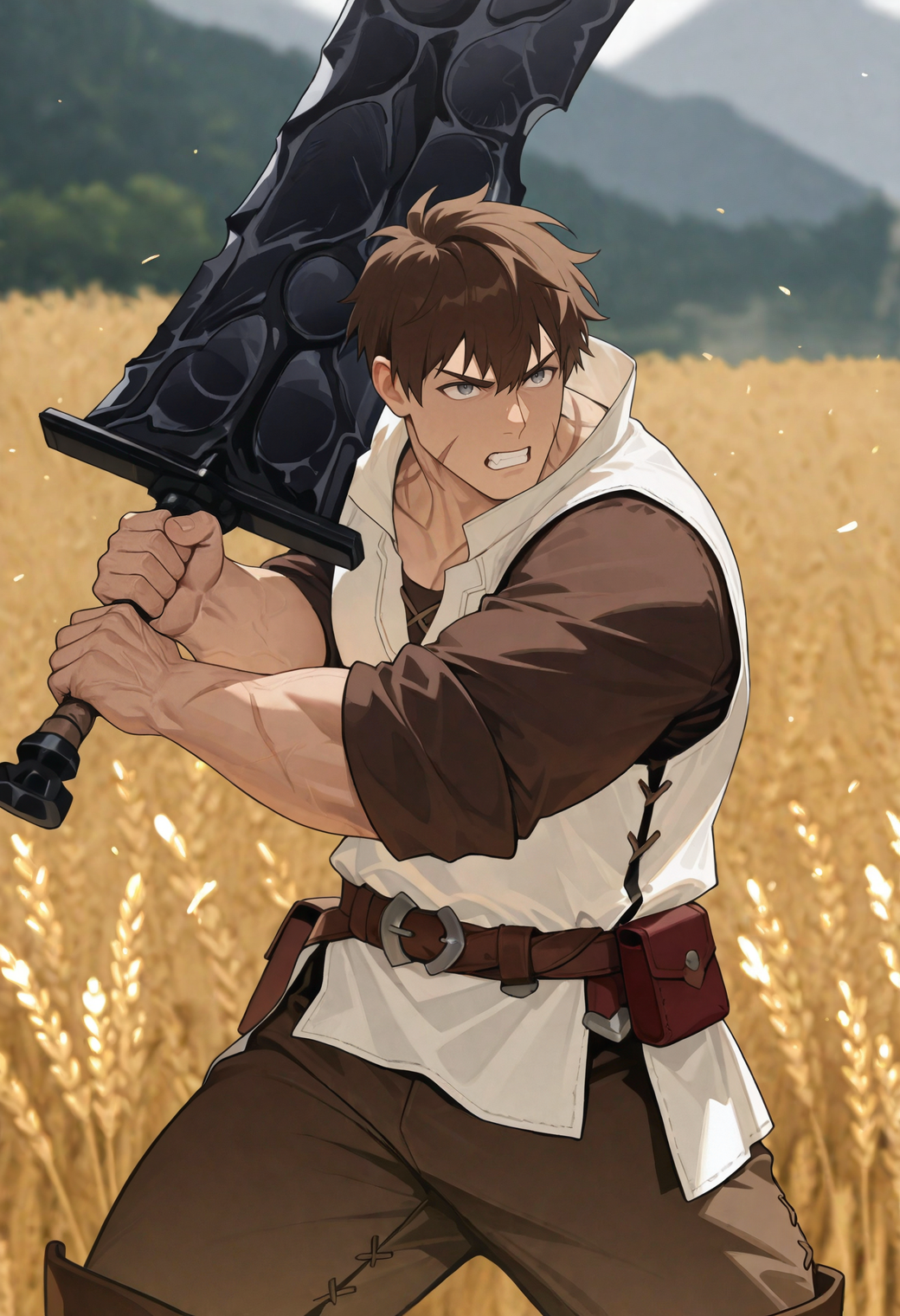 masterpiece,best quality,
1boy,
<lora:noor_NAI_EPS_1_1_CAME_v2_adjusted_repeats:1>,
n00r,brown hair,short hair,grey eyes,(scar across eyebrow:0.9),(scar on cheek:0.6),scar on neck,(bara:1.1),muscular male,
white tunic,brown shirt,sleeves rolled up,brown belt,belt pouch,brown pants,
v-shaped eyebrows,clenched teeth,holding sword,huge weapon,greatsword,dynamic pose,
cowboy shot,
blurry background,outdoors,scenery,wheat