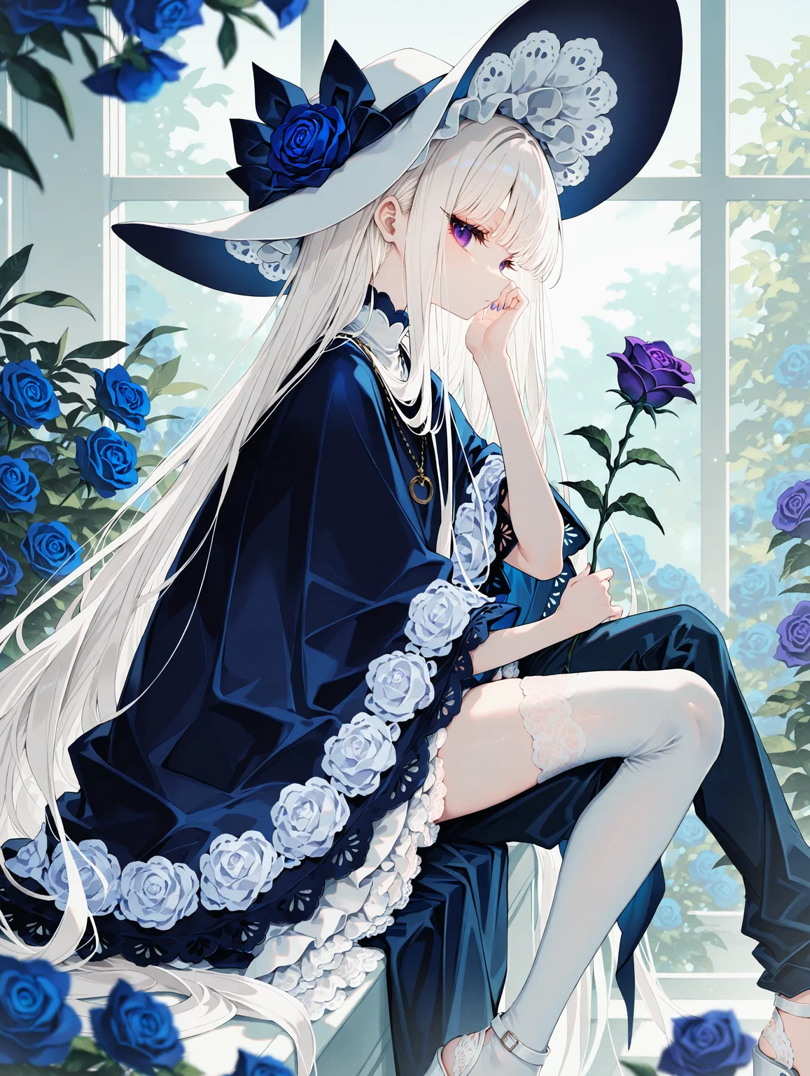 solo, 1girl, white hair, very long hair, purple eyes, detailed eyes, long eyelashes, eye focus, Dark blue Poncho set, dark blue Poncho, dark blue Single-leg long loose wide-legged pant, white single-sided thigh-high cotton stocking, single-sided petticoat, lace, white high-heeled sandals, long necklace, white Lady's hat, looking at viewer, sitting, holding purple flower, hand to own face, scenery,blue rose, blurry foreground, zooming in, cowboy shot,blue and white theme, flower frame, from side, color contrast, sensitive, She is in a blue rose field, but she is holding a purple rose, hitomaru, (nikorashi-ka:0.5),(mikozin:0.4), (bison_cangshu:0.4),(kuzuvine:0.6), latest, masterpiece,best quality,newest,absurdres,highres,very aesthetic, very awa,