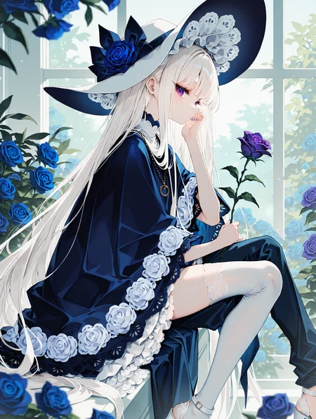 solo, 1girl, white hair, very long hair, purple eyes, detailed eyes, long eyelashes, eye focus, Dark blue Poncho set, dark blue Poncho, dark blue Single-leg long loose wide-legged pant, white single-sided thigh-high cotton stocking, single-sided petticoat, lace, white high-heeled sandals, long necklace, white Lady's hat, looking at viewer, sitting, holding purple flower, hand to own face, scenery,blue rose, blurry foreground, zooming in, cowboy shot,blue and white theme, flower frame, from side, color contrast, sensitive, She is in a blue rose field, but she is holding a purple rose, hitomaru, (nikorashi-ka:0.5),(mikozin:0.4), (bison_cangshu:0.4),(kuzuvine:0.6), latest, masterpiece,best quality,newest,absurdres,highres,very aesthetic, very awa,
