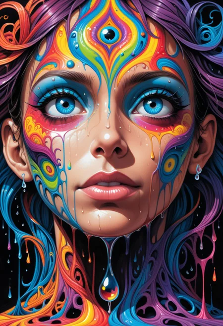 realistic masterpiece, beautiful drip painting of a eerie full body portrait, distorted features,abstract, trippy, fractal-like patterns BREAK psychedelic (trails of color:0.6) emanating from wide dilated eyes BREAK the skin dissolve in (drops of multicolored ink:1.3), disorientation, altered perception BREAK (style of Sam Guay:style of Hannah Yata:0.3), with background dark gradient, warm void, cinematic 4k highly detailed, Backlight, colorful, high contrast, lsd trip geometric shapes