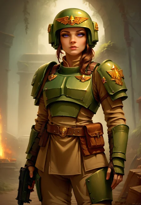 score_9, score_8_up, score_7_up
<lora:cadian-new:1> cadian, armor, helmet, purple eyes, brown hair, freckles
brown clothing, green armor, tight clothes
1girl, solo, seductive, blue eyes, cowboy shot, gun, zPDXL2