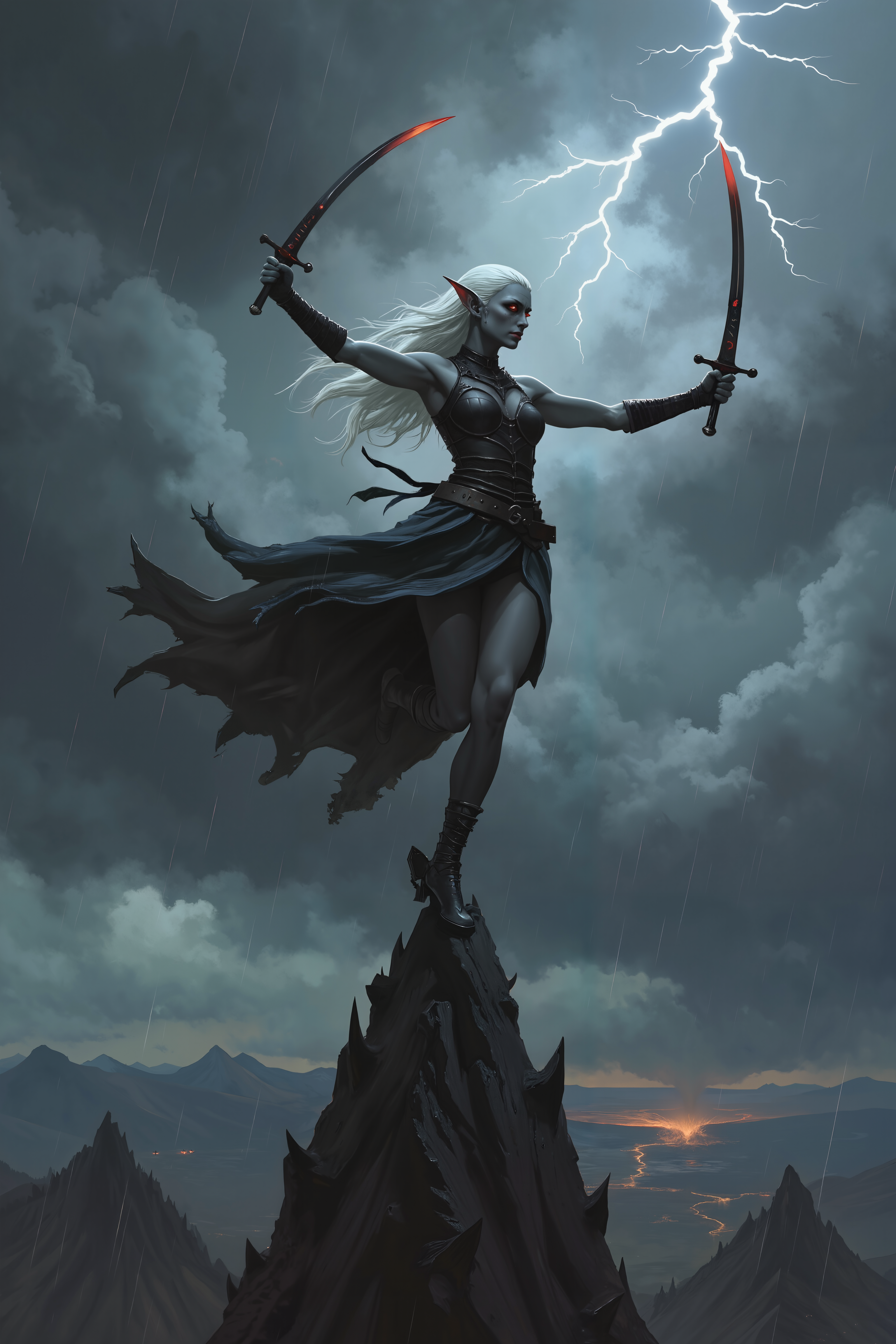 fantasy painting.Atop a spire of black obsidian that juts into a sky choked with storm clouds, a dark elf swordswoman clad in sleek, shadowy armor moves through an elegant, deadly dance. Her skin, ashen gray and smooth, gleams faintly in the sporadic flashes of lightning, while her long, white hair flows like silk in the howling wind. In her hands, twin curved blades forged from black steel glint ominously, their edges imbued with a faint, pulsating red glow. The spireâs surface is treacherous, slick with rain and studded with jagged shards of obsidian, yet her movements are graceful and fluid, as though sheâs become one with the storm itself. Below, the jagged peaks of a volcanic wasteland stretch endlessly, the air filled with the distant roars of unseen creatures and the faint tremors of the earth. The lightning reflects off her crimson eyes, which burn with an intense focus as she slashes at invisible enemies, perfecting every strike and parry with methodical precision. Her breath is steady despite the chaos around her, and the faint smirk on her lips reveals the cruel satisfaction she takes in her lethal skill. Behind her, faint wisps of black magic trail her movements, as if the spire itself is alive, feeding off her darkness. The storm intensifies, but she remains unshaken, a lethal silhouette against the chaotic skies. , detailed background  Fantastic lighting. Detailed shadows.intricate details, vivid colors, hyper-detailed, ultra-sharp, High resolution, high detail. Highly detailed. <lora:Eldritch_Fantasy1.2.2>