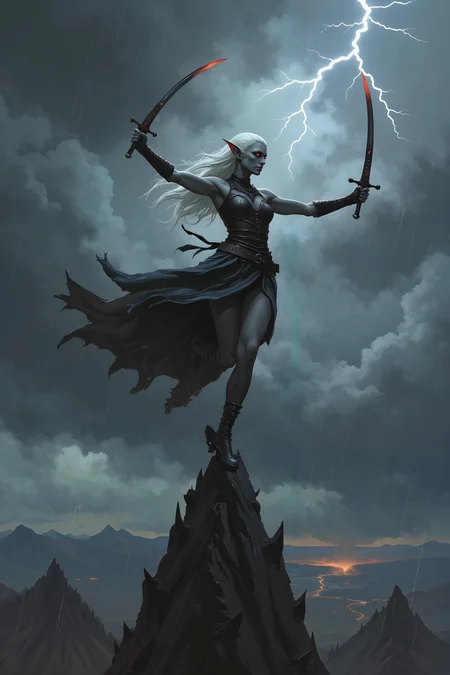 fantasy painting.Atop a spire of black obsidian that juts into a sky choked with storm clouds, a dark elf swordswoman clad in sleek, shadowy armor moves through an elegant, deadly dance. Her skin, ashen gray and smooth, gleams faintly in the sporadic flashes of lightning, while her long, white hair flows like silk in the howling wind. In her hands, twin curved blades forged from black steel glint ominously, their edges imbued with a faint, pulsating red glow. The spireâs surface is treacherous, slick with rain and studded with jagged shards of obsidian, yet her movements are graceful and fluid, as though sheâs become one with the storm itself. Below, the jagged peaks of a volcanic wasteland stretch endlessly, the air filled with the distant roars of unseen creatures and the faint tremors of the earth. The lightning reflects off her crimson eyes, which burn with an intense focus as she slashes at invisible enemies, perfecting every strike and parry with methodical precision. Her breath is steady despite the chaos around her, and the faint smirk on her lips reveals the cruel satisfaction she takes in her lethal skill. Behind her, faint wisps of black magic trail her movements, as if the spire itself is alive, feeding off her darkness. The storm intensifies, but she remains unshaken, a lethal silhouette against the chaotic skies. , detailed background Fantastic lighting. Detailed shadows.intricate details, vivid colors, hyper-detailed, ultra-sharp, High resolution, high detail. Highly detailed. <lora:Eldritch_Fantasy1.2.2>