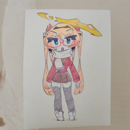 StyleBirdBlitz,(absurdres),  (traditional media, photo \(medium\), pencil \(medium\), on paper, limited palette:1.1), sketch, [chibi],
1girl, solo, long_hair, breasts, blush, looking_at_viewer, facing towards viewer, standing, open_mouth, :o, (jitome), blue_eyes, blonde_hair, eyebrows_visible_through_hair, black thighhighs, red jacket, white scarf, long_sleeves, original, twintails, hair_between_eyes, very_long_hair, standing, pink_hair, glasses, shoes, pigeon toed, mini skirt, white_footwear, large halo, red-framed_eyewear
white background, simple background