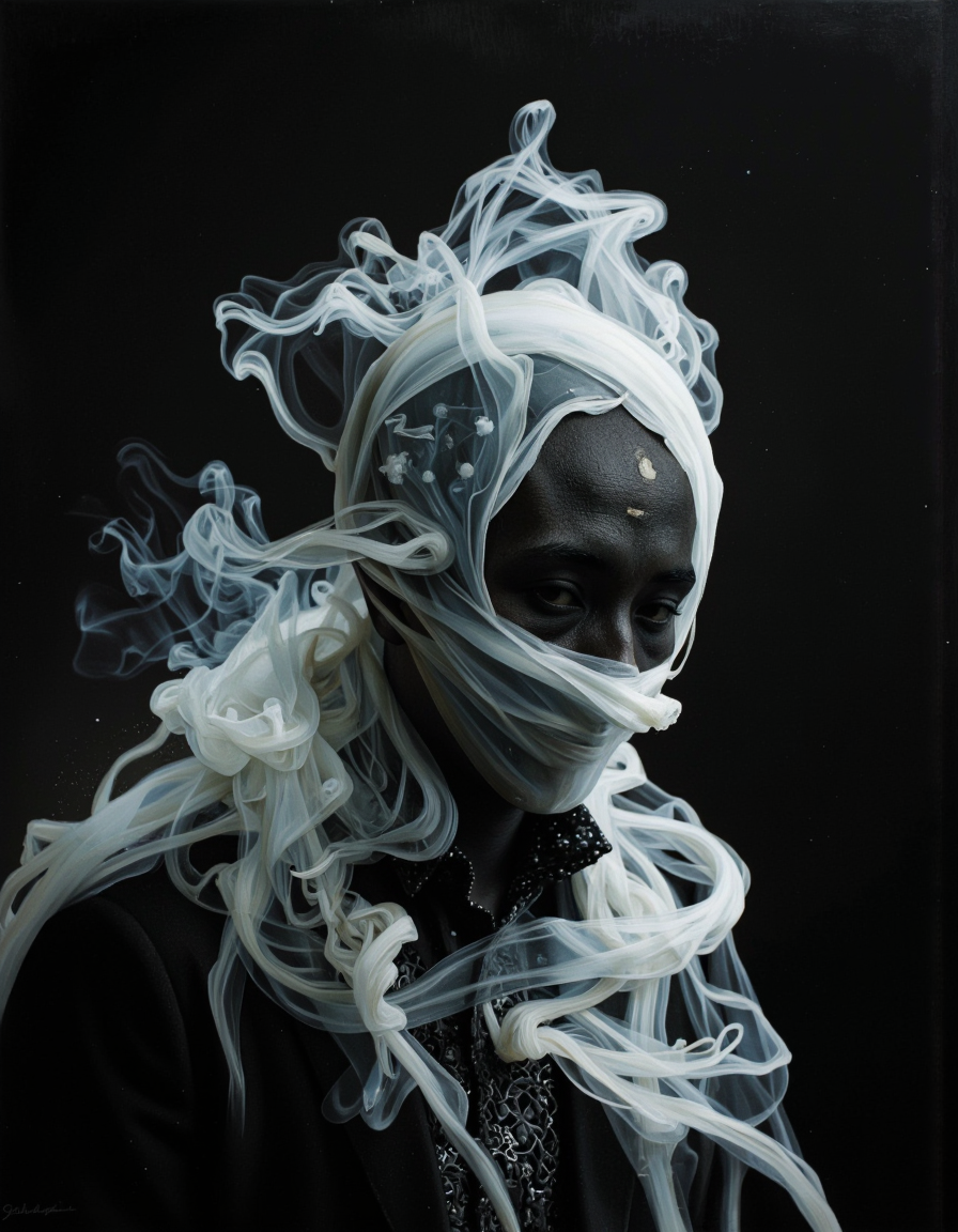 A cinematic photography.
a dipiction of a hantu iban, disintegrating and dissolving into swirling lines of fogg, smoke and particles blending with the black background, blending form with reality. Framed in thick volumetric fog. diffused light, delicatly, whispering, eye catching masterpiece artwork. drifting fog, cracked light and smokey haze in floating threads finishes the dreamlike reality.
