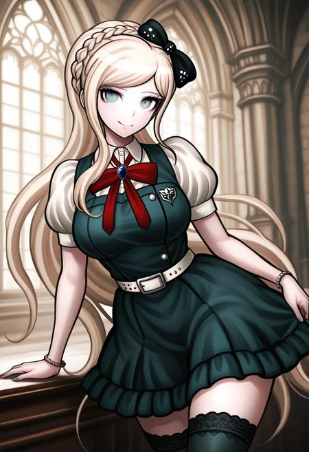 Sonia Nevermind SDR2, Sonia Nevermind, big breasts, masterpiece, best quality, long hair, crown braid, hair bow, black bow, pinafore dress, red bowtie, puffy short sleeves, white belt, bracelet, thighhighs, blue eyes, smile, castle background