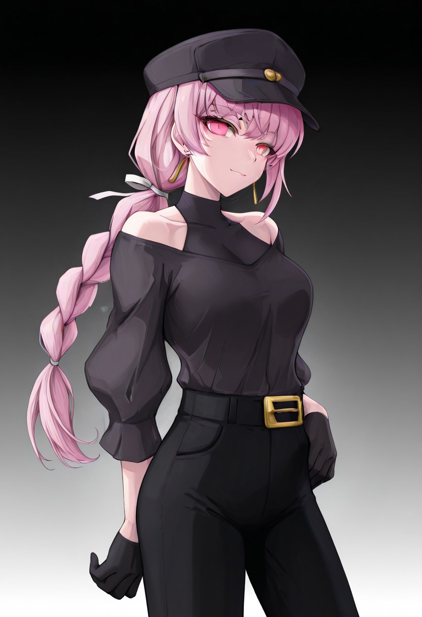 masterpiece,best quality,amazing quality,solo,udonya18,1girl,TNTsurukoSemba, pink eyes, pink hair, long braided ponytail, white hair ribbon,black hat,cowboy shot,belt buckle, yellow belt buckle, bare shoulders, clothing cutout, shoulder cutout, pants, black pants, earrings, long sleeves, shirt, off shoulder, gloves, black gloves, off shouder,