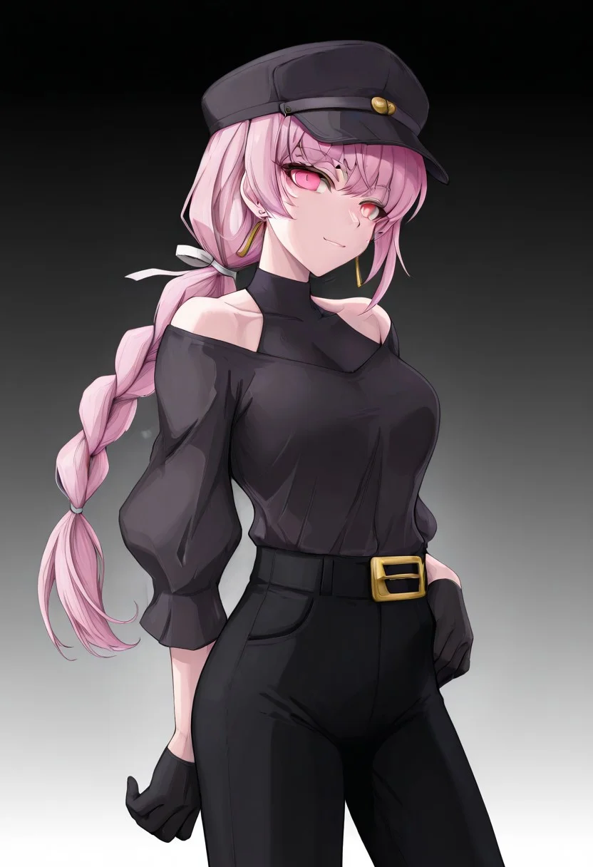masterpiece,best quality,amazing quality,solo,udonya18,1girl,TNTsurukoSemba, pink eyes, pink hair, long braided ponytail, white hair ribbon,black hat,cowboy shot,belt buckle, yellow belt buckle, bare shoulders, clothing cutout, shoulder cutout, pants, black pants, earrings, long sleeves, shirt, off shoulder, gloves, black gloves, off shouder,