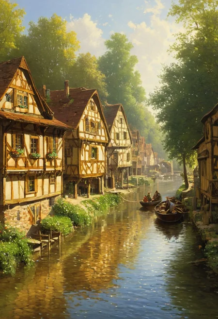 <lora:Stalenh4g:0.7> In the style of Carl Spitzweg and Ferdinand Knab, oil painting, idyllic, bright daylight, timber framed houses along a river, the glittering water catching the bright daylight, a breathtaking light atmosphere, small wooden boats, detailed, masterpiece. ultra details, high quality, high resolution, highly detailed, super resolution, extremely detailed