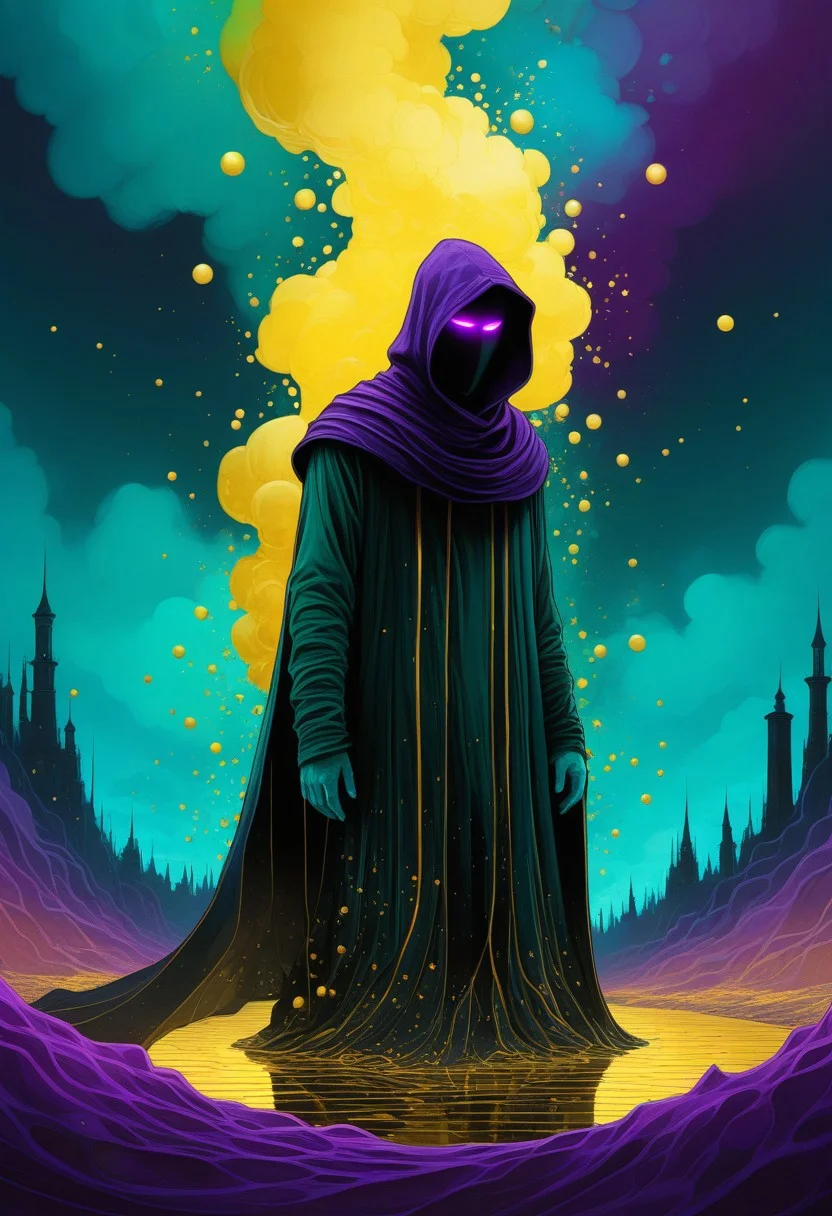 oniric portrait of a tall cloaked figure with a purple mask and green neon clothing, Azem the Traveler, yearning to explore the ends of the world to discover its wonders and help its denizens, by Andy Kehoe, a gradient masterpiece, blue cyan yellow, Rococopunk, luminism, seamless, China ink, Ink Bubbles, Gold leaf lines, alcohol ink elements, curved lines, cinematic, realism, chiaroscuro, Shadow play, Gold leaf small lines, bright splashes of alcohol ink puddles, volumetric light, auras, rays of sunlight, bright colors reflect, isometric, digital art, smog, pollution, toxic waste, chimneys and railroads, 3d render, chromatic aberration, octane render, volumetrics, by greg rutkowski