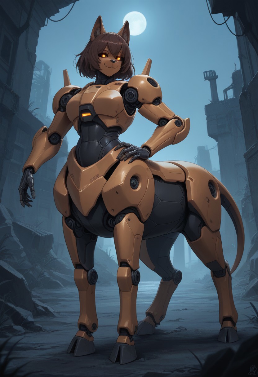 score_9,score_8_up,score_7_up,score_6_up,score_5_up,score_4_up, BREAK Bulldog, robot, centaur, solo, smile, industrial ruins, night, hooves, brown horse tail, Robot girl, Mecha, Android, mechanical limbs, robot joints, brown metal skin, black sclera, no mouth, armor, glowing eyes, furry, brown hair, dog head, dog ears, dog nose, hand on hip