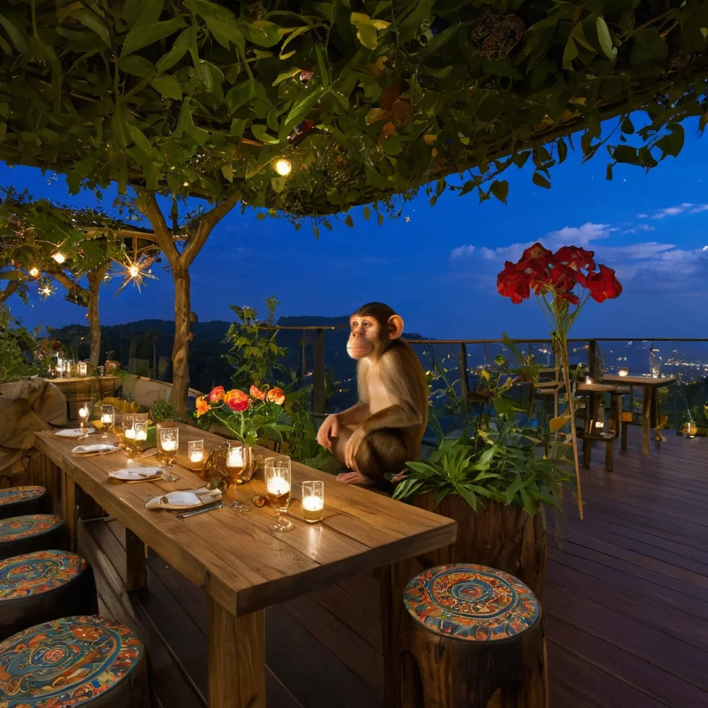 skybar,<lora:20240705-1720127504546:0.5>,rooftop bar,night,cloud,balcony,open air,starry_sky,masterpiece,best picture quality,jungle decorations,original ecology,original plant,champagne,wine glass,monkey,tribal totem,in a meadow,wooden stool,wooden table,flower,