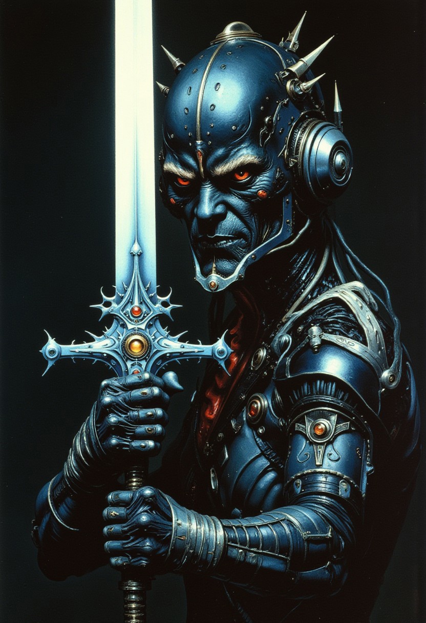 ancientstyle, Frank Frazetta fantasy oil painting, aiai-Glimra, close up image of an omen futuristic cybernetic creature, it is looking at the viewer and holding a long glowing futuristic sword, it is holding the sword in front of its face and the sword illuminates its face and the body, dark background
