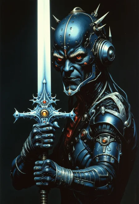 ancientstyle, Frank Frazetta fantasy oil painting, aiai-Glimra, close up image of an omen futuristic cybernetic creature, it is looking at the viewer and holding a long glowing futuristic sword, it is holding the sword in front of its face and the sword illuminates its face and the body, dark background
