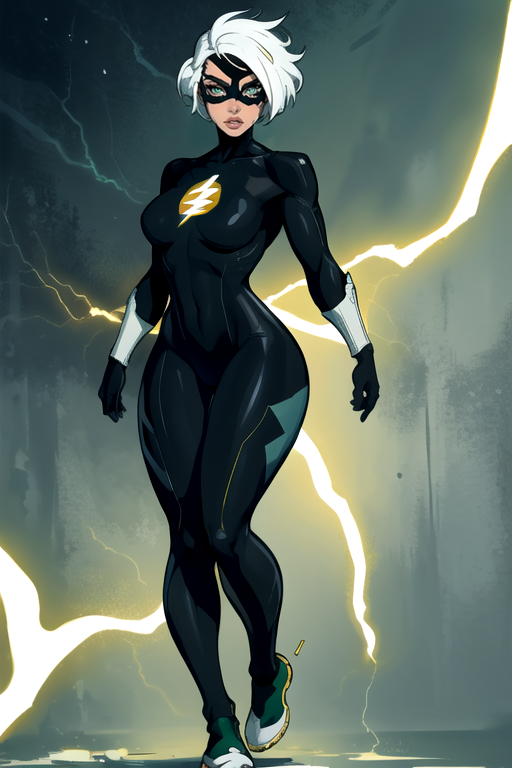 masterpiece,best quality,extreme detail,8k,image sharpness,<lora:flash-20:0.6>,flashwoman,1girl,solo,breasts,looking at viewer,white hair,gloves,lips,((black bodysuit)),mask,animification,full body,standing pose,(curvy),electricity,cut hair,green eyes,