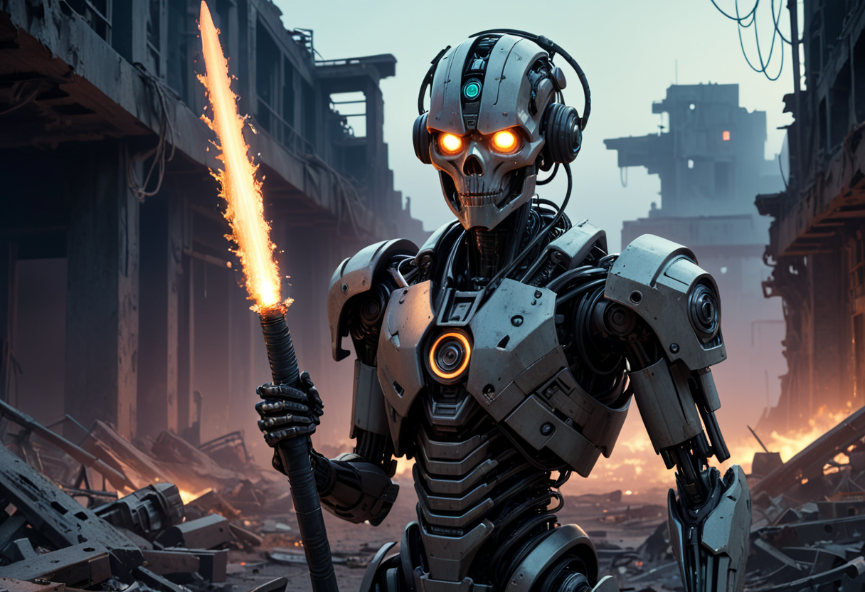 (medium full shot) of (long shot ) of cybernetic human forging weapons, detailed face, located in a ruined world at a decayed junkyard during dusk with dusty weather, illuminated by eerie glow, creating a harsh atmosphere, ,Masterpiece,best quality, photo, realistic, very aesthetic
