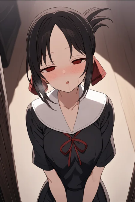 masterpiece, best quality, 1girl, <lora:Shinomiya_XL:0.8>, shinomiya kaguya, red eyes, parted bangs, folded ponytail, shuuchiin academy school uniform, black hair, skirt, red ribbon, black school uniform, <lora:hypnotized_face2:0.9>, empty eyes, half-closed eyes, upper body,