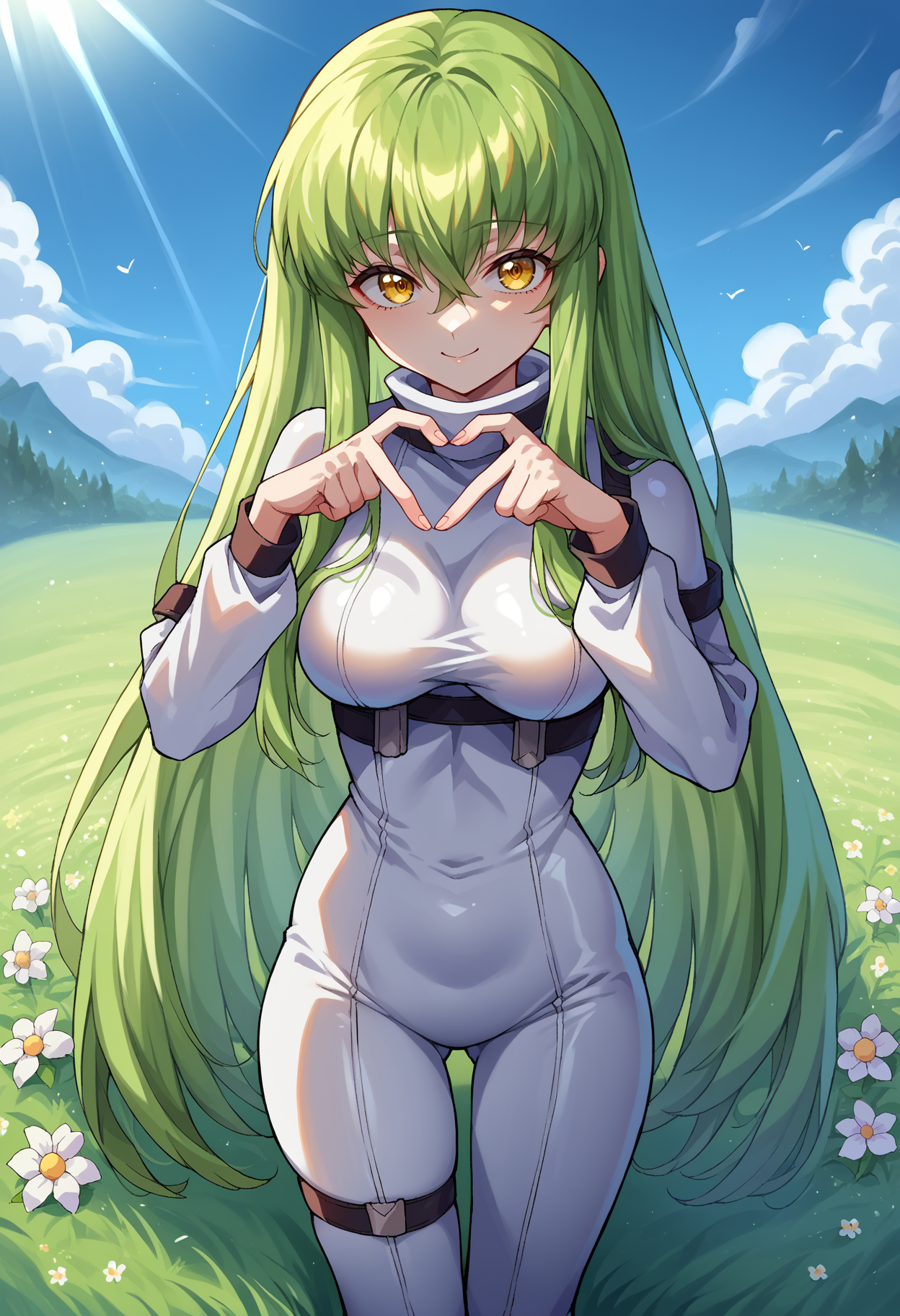 score_9, score_8_up, score_7_up, source_anime BREAK 1girl, solo, looking at viewer, 
<lora:CC-000009:1>,cc_def, yellow eyes, green hair, hair between eyes, very long hair, straight hair, medium breasts, white bodysuit, long sleeves, 
medium breasts, smile,curvy,  skindentation, heart hands, heart fingers, standing, 
outdoors, blue sky, grass, flower field, nature, sunlight, <lora:Heart_Fingers__Concept_Lora-000007:1>