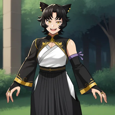 score_9, score_8_up, score_7_up, score_6_up, score_5_up, score_4_up, zPDXL2,source_anime,rating_questionable, 1girl, smile, outdoors, cowboy shot, looking at viewer, <lora:Kali_Belladonna_-_RWBY:0.8> Kali_RWBY, long sleeves, yellow eyes, short black hair, cat ears, ear piercing, hakama skirt,asymmetrical sleeves, bridal gauntlets, jewelry, japanese clothes,detached sleeve, laugh lines, wrinkles, mature,