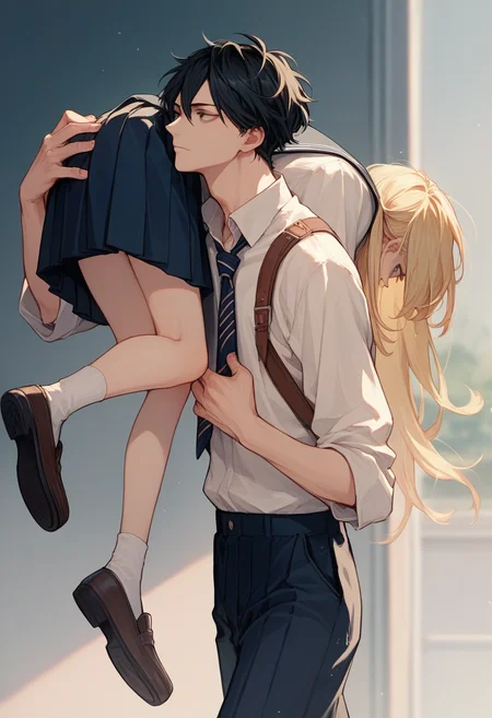 score_9, score_8_up, score_7_up, score_6_up, source_anime, carrying, 1girl, long hair, blonde hair,
1boy, black hair, school uniform,
<lora:carrying_over_shoulder_v0.4-pony:1>