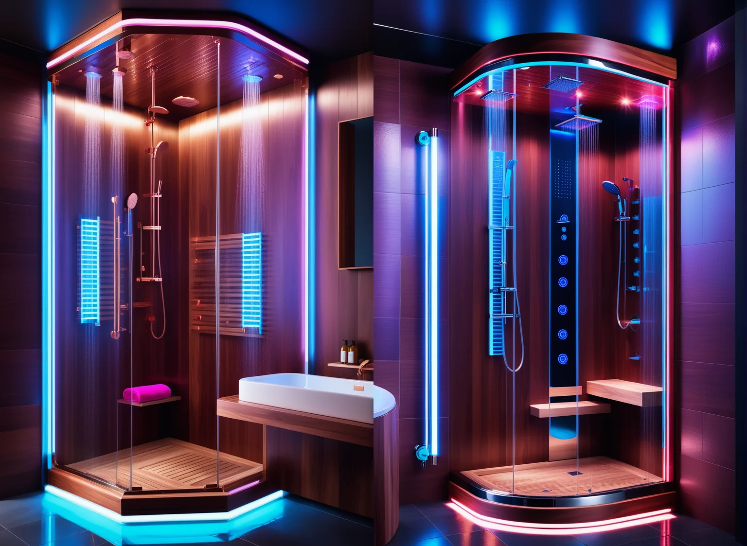 masterpiece, high quality,, a reij bath room, cherry wood details, neon color and ambient neon light, walk-in shower <lora:reij-neonelegance:0.7>
