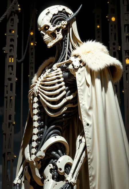 a high-resolution CGI image depicting a hyper-realistic humanoid figure with a highly detailed, skeletal structure. The figure is viewed from a side profile, showcasing intricate, exposed bones and a complex network of white, cable-like wires that interweave throughout the body, suggesting a cybernetic or sci-fi theme. The skin is pale and smooth, contrasting with the stark white bones and cables. The subject is wearing a luxurious, white fur coat draped over the shoulders, adding a touch of contrast to the otherwise mechanical appearance. The background is dark, with indistinct, tangled wires and machinery, enhancing the futuristic and high-tech atmosphere. The image is highly detailed, with a focus on textures and lighting that highlight the artificial and organic elements. The camera angle is slightly low, emphasizing the height and imposing presence of the figure.