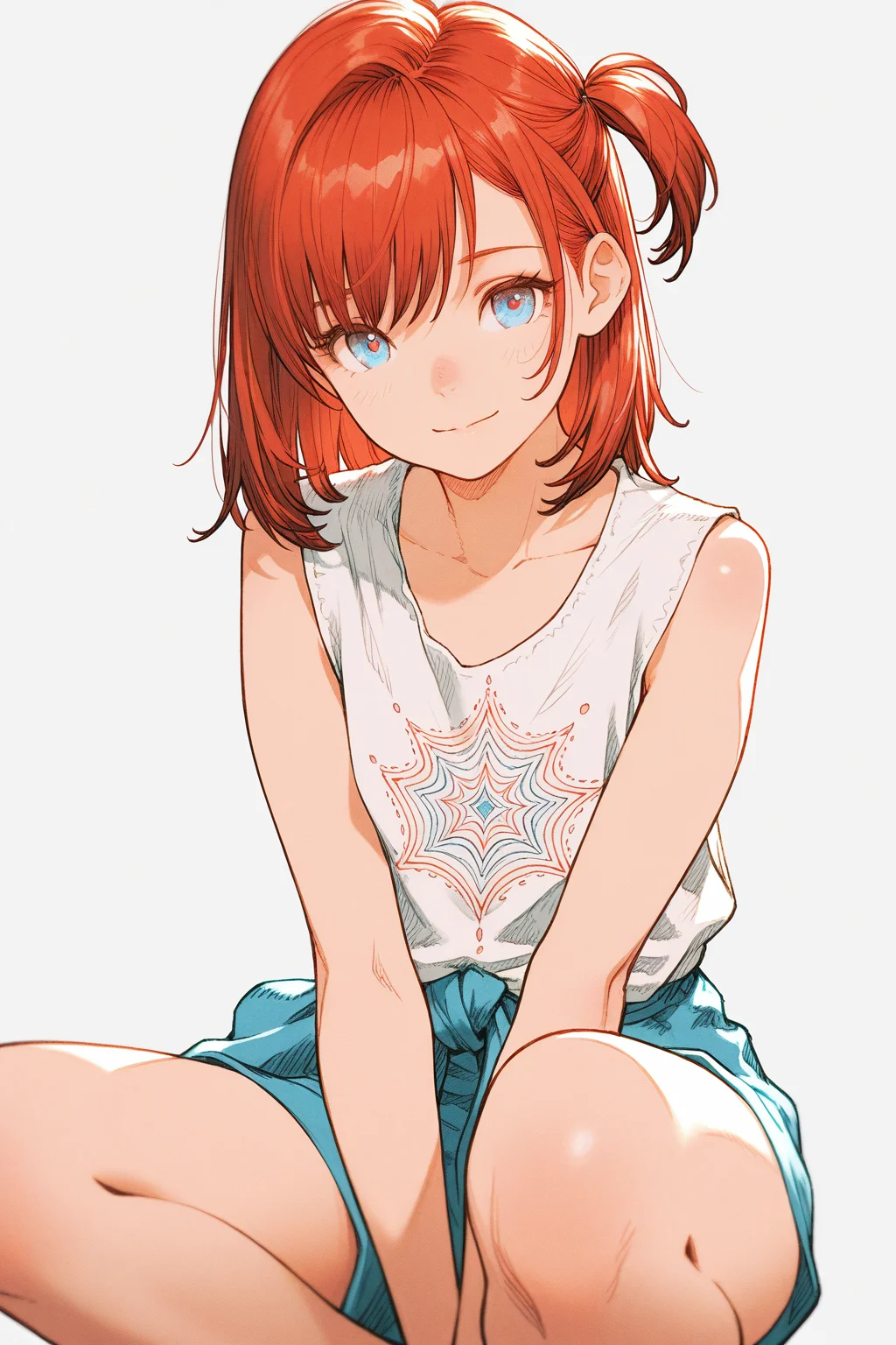 FretorF,This digital anime-style drawing depicts a cute,young woman with long,straight red hair,tied on one side,and striking blue eyes. She wears a sleeveless,white top with intricate geometric patterns. Her expression is soft,with a slight smile. The background is plain white,emphasizing her delicate features and the subtle shading on her skin.,
