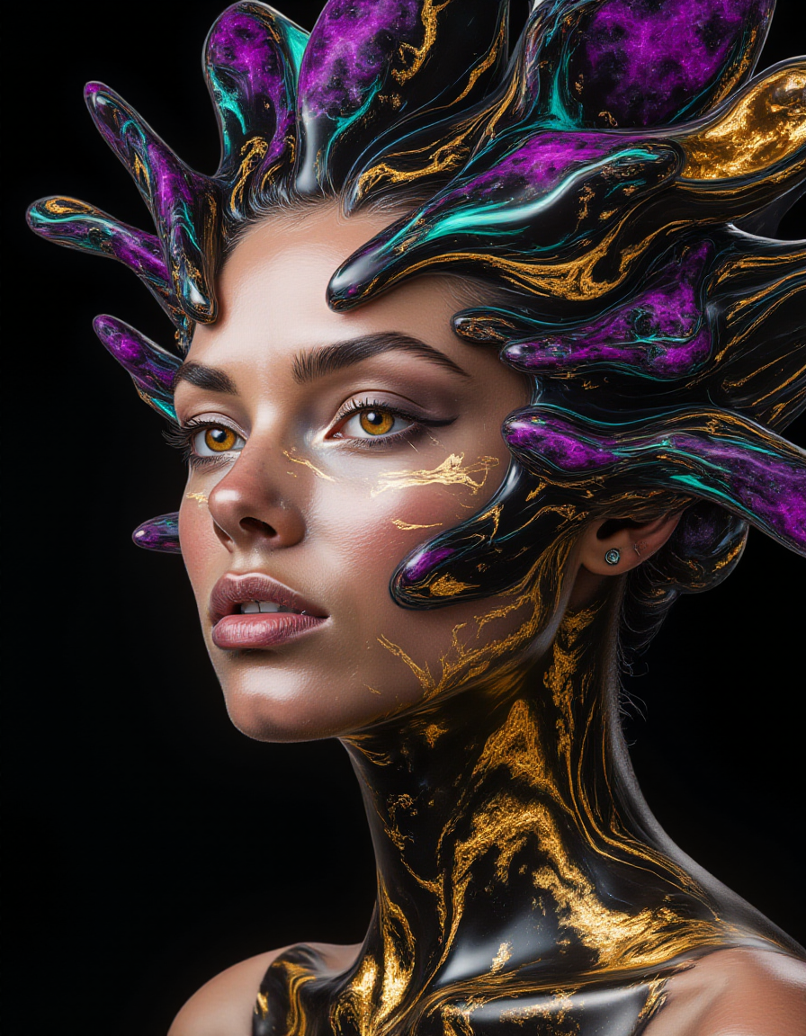 A surreal closeup of a modelâs face as glossy shards of liquid marble seem to grow out of her skin, hovering mid-air. The shards ripple with patterns of galactic neon purples, blues, and greens, glowing like fragments of a living universe. Her skin is smooth and glowing, with intricate gold leaf detailing tracing the lines of her face, blending seamlessly with the marble shards. Her eyes glow with a soft amber light, and the black void behind her makes the floating shards appear otherworldly, like fragments of a shattered dimension.
<lora:ral-lqdmrbls-flux_000004000:1>