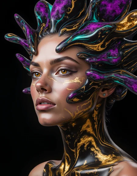 A surreal closeup of a modelâs face as glossy shards of liquid marble seem to grow out of her skin, hovering mid-air. The shards ripple with patterns of galactic neon purples, blues, and greens, glowing like fragments of a living universe. Her skin is smooth and glowing, with intricate gold leaf detailing tracing the lines of her face, blending seamlessly with the marble shards. Her eyes glow with a soft amber light, and the black void behind her makes the floating shards appear otherworldly, like fragments of a shattered dimension.
<lora:ral-lqdmrbls-flux_000004000:1>