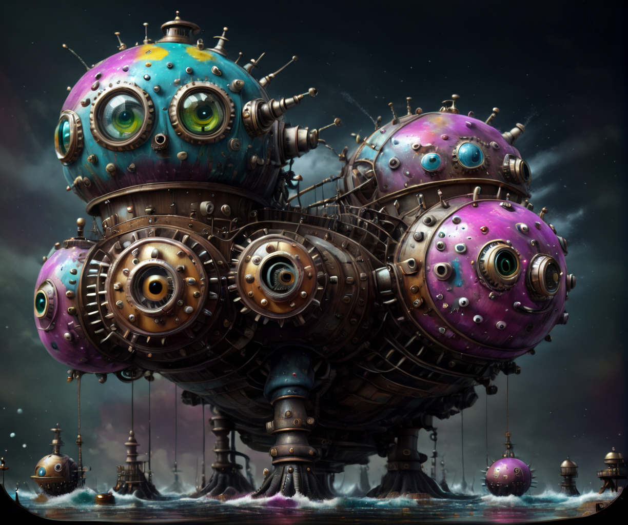 Amazing painting, Steampunk boat, large tidal wave, 10k ultra resolution, Science Fiction, weapon, <lora:drkkaw_epoch_10:1.1>