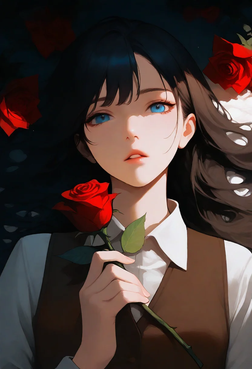 1girl, solo, lying, on back, lips, parted lips, dark hair, long hair, looking at viewer, holding rose, blue eyes, white collared shirt, brown vest, upper body, masterpiece, best quality, very aesthetic