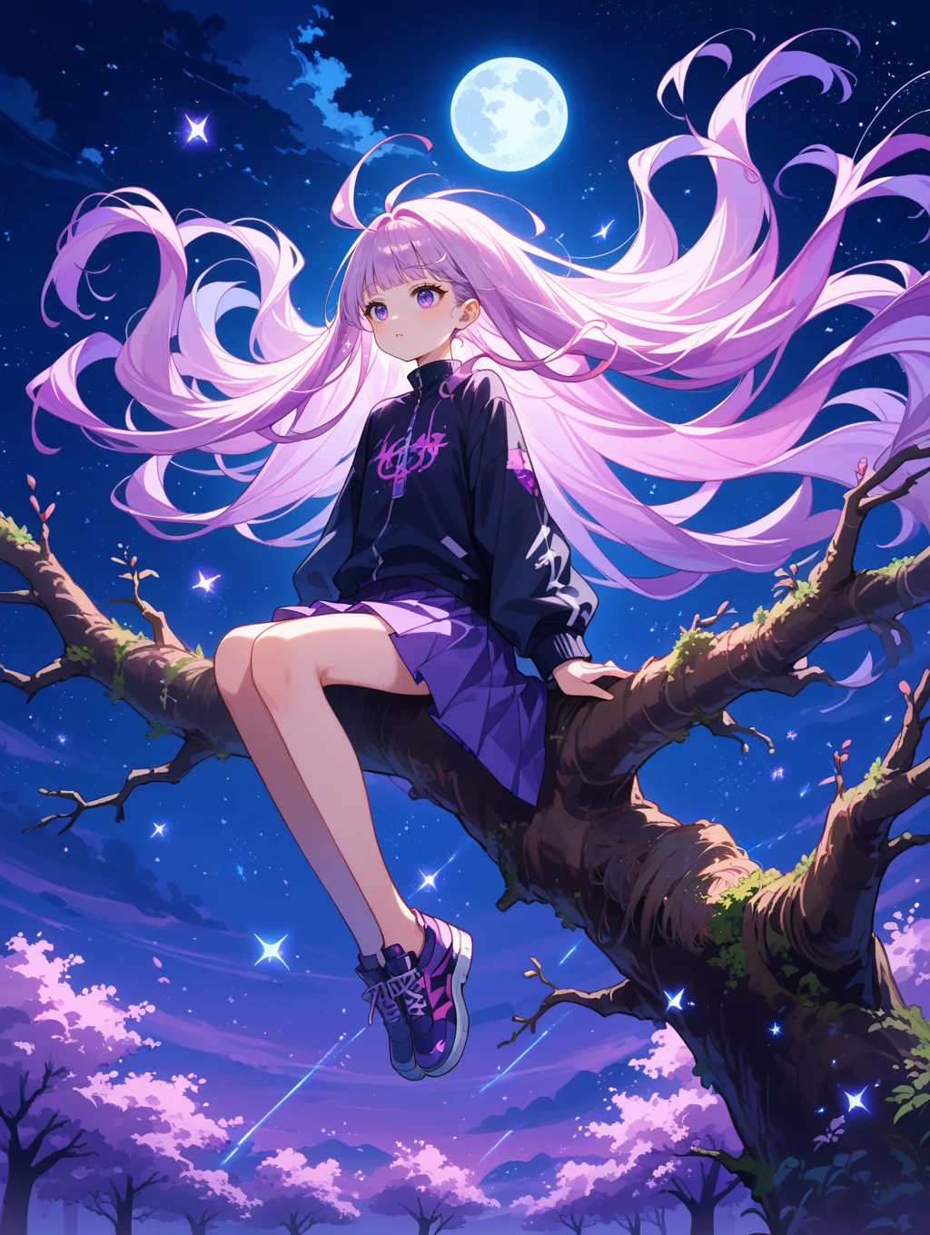 score_9, score_8_up, score_7_up, source_anime,
surreal,
1girl,Kpop idol, very long hair, floating hair,glowing hair,
night scene,moon in the sky,purple hues,starry night,dreamlike atmosphere,glowing edges,mystical,high contrast,ethereal light,sitting on a tree branch,light particles,