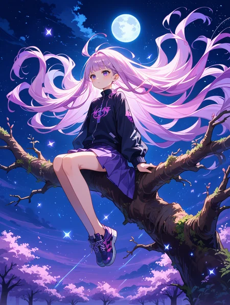 score_9, score_8_up, score_7_up, source_anime,
surreal,
1girl,Kpop idol, very long hair, floating hair,glowing hair,
night scene,moon in the sky,purple hues,starry night,dreamlike atmosphere,glowing edges,mystical,high contrast,ethereal light,sitting on a tree branch,light particles,