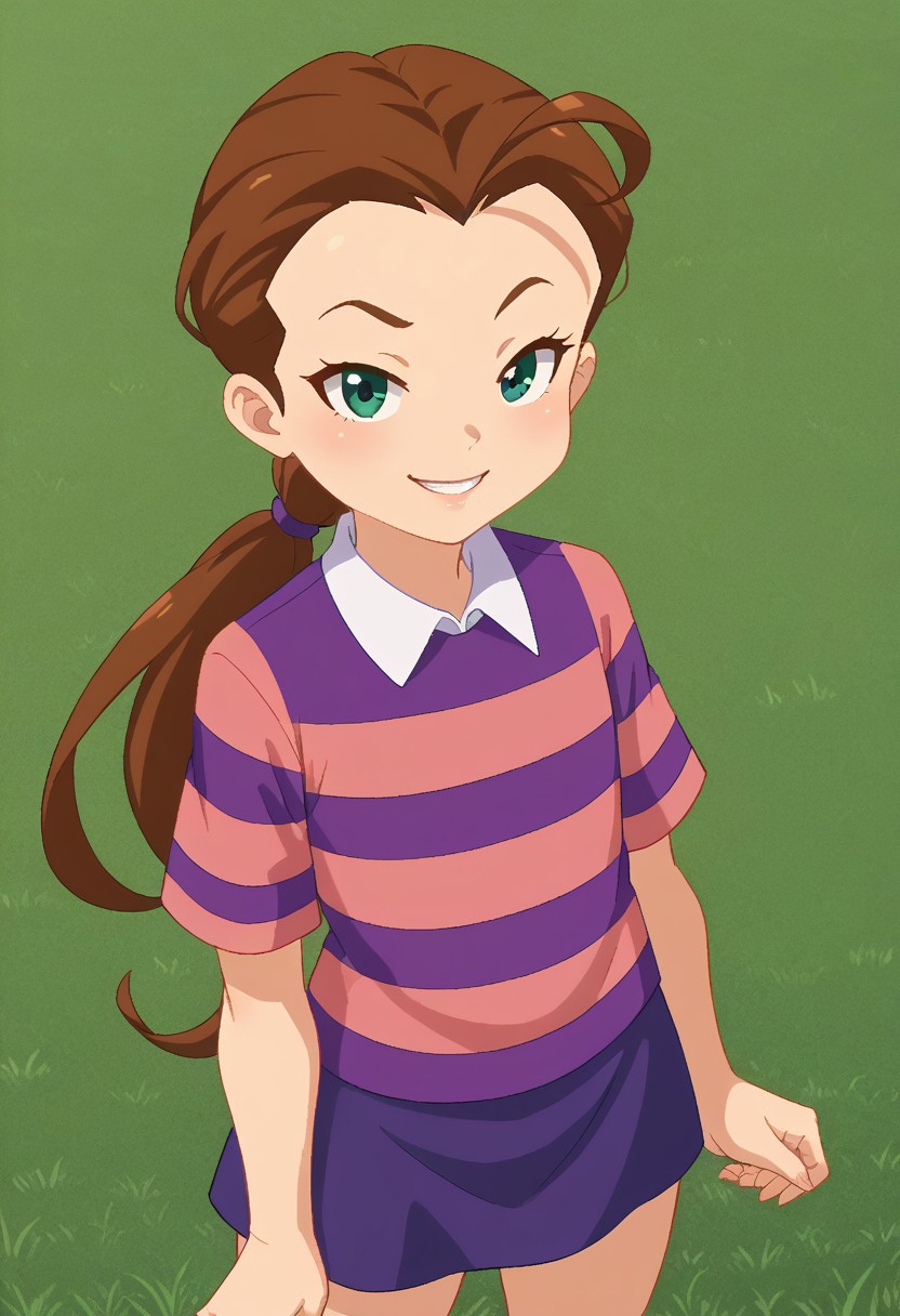 score_8, score_8_up, score_7_up, 1girl, female focus, solo, Sal_MRM, brown hair, single bang, low ponytail, ponytail holder, green eyes, collared shirt, striped shirt, short sleeves, purple shirt, pink shirt, purple skirt, cowboy shot, smug, looking at viewer, (from above:0.25), grass, outdoors, standing