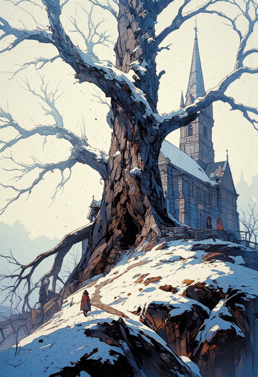 A hauntingly beautiful winter landscape featuring a towering, ancient tree with frost-covered branches standing on a small hill. The tree’s dark, twisted trunk contrasts with the delicate ice crystals that cling to its branches, forming an intricate pattern against the pale, overcast sky. Beneath the tree, a narrow stone path winds up the hill, leading to a historic stone church with a tall, pointed steeple. The surrounding ground is lightly dusted with snow, revealing patches of frozen earth and fallen leaves. A low stone wall encircles the area, with two distant figures dressed in heavy cloaks walking along it, adding an element of mystery. The muted color palette consists of cool blues, grays, and soft whites, evoking a tranquil yet melancholic atmosphere. The art style is semi-realistic with a stylized, painterly touch, capturing the crisp textures of frost, stone, and aged wood in a way that feels both ethereal and timeless,  anime, cyberpunk
