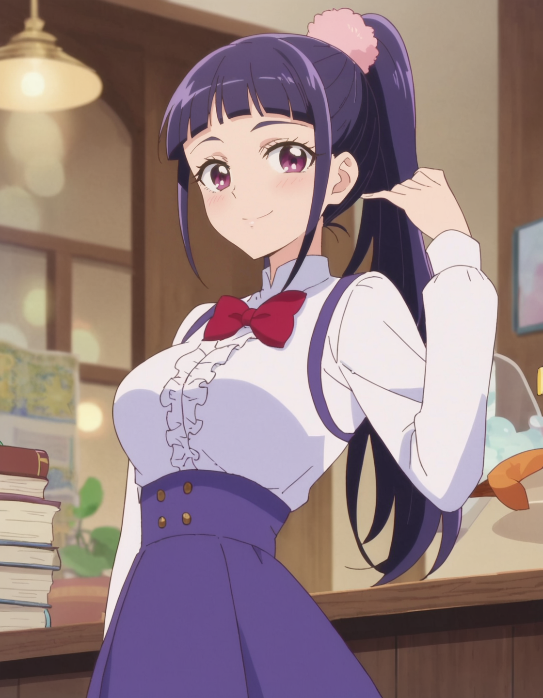 score_9, score_8_up, score_7_up, anime screencap, solo,1girl,izayoirikomd,skirt, smile, shirt, looking at viewer, purple skirt, bowtie, white shirt, black pantyhose,red bowtie, long sleeves, center frills,cowboy shot,large breasts,blush<lora:izayoirikomd:0.8>