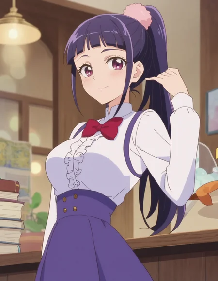 score_9, score_8_up, score_7_up, anime screencap, solo,1girl,izayoirikomd,skirt, smile, shirt, looking at viewer, purple skirt, bowtie, white shirt, black pantyhose,red bowtie, long sleeves, center frills,cowboy shot,large breasts,blush<lora:izayoirikomd:0.8>