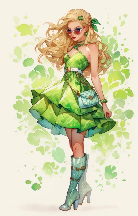 score_9,score_8_up,score_7_up, score_9,score_8_up,score_7_up, Watercolor anime, wearing a vibrant green patterned dress, white belt, and stylish white high-heeled boots, posing confidently in front of classical architecture with large stone columns. She holds a matching green handbag, wears chic white sunglasses, The fashion-forward outfit contrasts against the neutral stone backdrop, with bright daylight casting subtle shadows.
(1 female),(tall), (small breasts), long hair, french braid, blonde hair, blue eyes, detailed eyes , red matte lipstick, mascara, pale beige eyeshadow,
<lora:Lilandava_PDXL:0.6> lilandavastyle <lora:Watercolor_Anime:0.6> Watercolor anime
