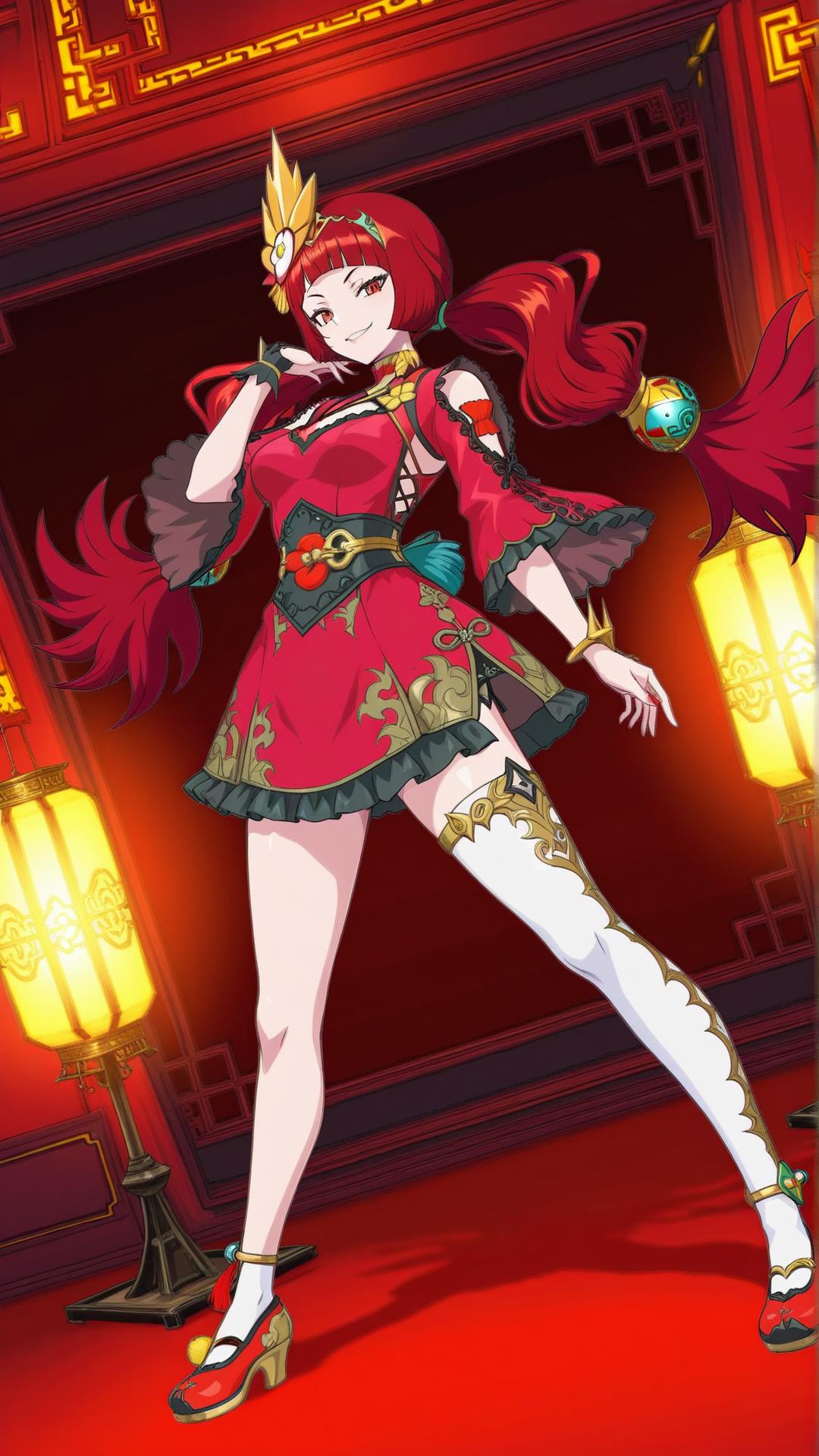 source_anime, general, best quality, masterpiece, 1girl,  <lora:Macba_ill_v1.0:1> macba\(scarlet grace\),red hair, long hair, red eyes,twintails, hair ornament, blunt bangs, china dress, seductive smile, (smug:0.8),  dynamic pose, dutch angle, full body,