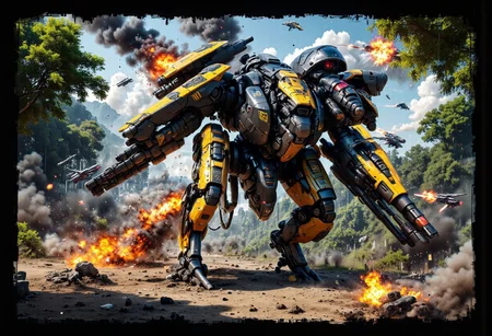 score_9, score_8_up, score_7_up, score_6_up,
Cinematic fantasy style, sharp, (high quality, 4k, 8k, high definition, masterpiece: 1.2), illustrated movie poster, hand drawn, full color, beautiful ultra detailed book cover illustration of a ((Jungle)) mech damaged in battle - Exploding mech burns in the jungle, mech engulfed in flames, background - jungle, battle, starships flying in the sky, future, sci-fi, jungle fight scene, 4k, hyper detail, fantasy style, hyper realistic, spectacular style, cinematic style, no background fantasy style, hyper detail, professional art, bartosz tchorzewski fantasy style, high detail, hyper detail, 4k, realistic style, face painting style fantasy style, 4k, painterly style, hyper detail, dark room, hdr, intricate, elegant, highly detailed, sharp focus, ((((cinematic look))), soothing tones, crazy details, intricate details, hyper detailed, low contrast, soft cinematic light, dull colors, exposure blending, hdr, blurred,
intricate details, rating_questionable, fantasy setting,
, high resolution,
highres,