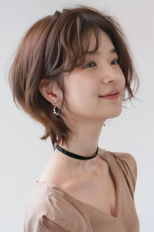 (1girl), (best quality), (masterpiece), (high resolution), (intricate details), (photorealistic), (cinematic light), <lora:short_hair:0.8>, korean girl,
solo, brown hair, nape, blurry, upper body, blurry background, wavy hair, smile, realistic, looking at viewer, lips, upper body, off shoulder, shirt
white background, upper body, brown eyes, closed mouth, profile, lips, nose, portrait, earrings, parted lips, black choker, ear piercing
sleeves past wrists, simple background ,