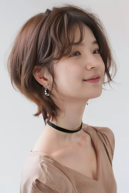 (1girl), (best quality), (masterpiece), (high resolution), (intricate details), (photorealistic), (cinematic light), <lora:short_hair:0.8>, korean girl,
solo, brown hair, nape, blurry, upper body, blurry background, wavy hair, smile, realistic, looking at viewer, lips, upper body, off shoulder, shirt
white background, upper body, brown eyes, closed mouth, profile, lips, nose, portrait, earrings, parted lips, black choker, ear piercing
sleeves past wrists, simple background ,