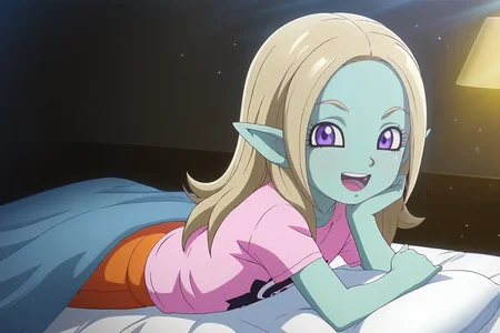 anime screencap, masterpiece, best quality, amazing quality, very aesthetic, absurdres, newest, (scenery, volumetric lighting), dappled sunlight, light particles, light rays,
panzy, official style, anime screencap, hair down, 1girl, solo, blonde hair, long hair, blue skin, colored skin, purple eyes, pointy ears, smile, t-shirt, pink shirt, print shirt, logo print, orange shorts, bed sheet, on stomach, bed, arm under pillow, looking at viewer, open mouth, teeth, from side, indoors, bedroom, eyeliner, flat chest, arm support, hand under chin, short sleeves
<lora:Panzy_IL:0.8>