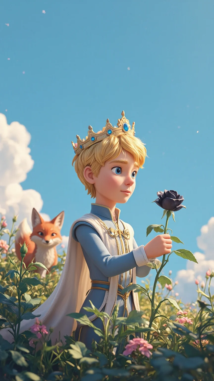 Illustration style, animation, realism, CG rendering, aesthetic conception, cinematic lighting, soft light processing, masterpiece, super high quality, super high detail, super detail, super clear, 8K,
A little prince is wearing a golden crown, his golden hair is shining, his blue eyes are as clear as sapphires, and he is wearing gorgeous European aristocratic clothes. He is taking care of a black rose in the garden. There are some white clouds floating in the blue sky. A red fox is hiding aside and watching the little prince. The atmosphere is light.