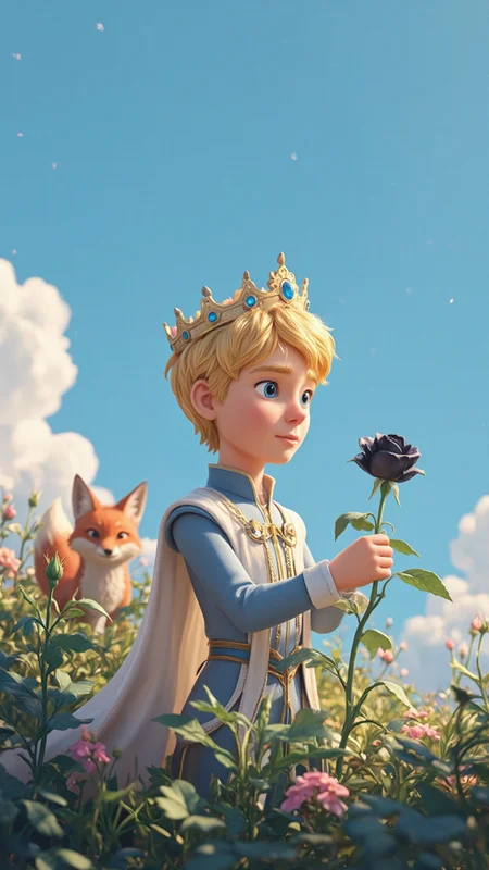 Illustration style, animation, realism, CG rendering, aesthetic conception, cinematic lighting, soft light processing, masterpiece, super high quality, super high detail, super detail, super clear, 8K,
A little prince is wearing a golden crown, his golden hair is shining, his blue eyes are as clear as sapphires, and he is wearing gorgeous European aristocratic clothes. He is taking care of a black rose in the garden. There are some white clouds floating in the blue sky. A red fox is hiding aside and watching the little prince. The atmosphere is light.