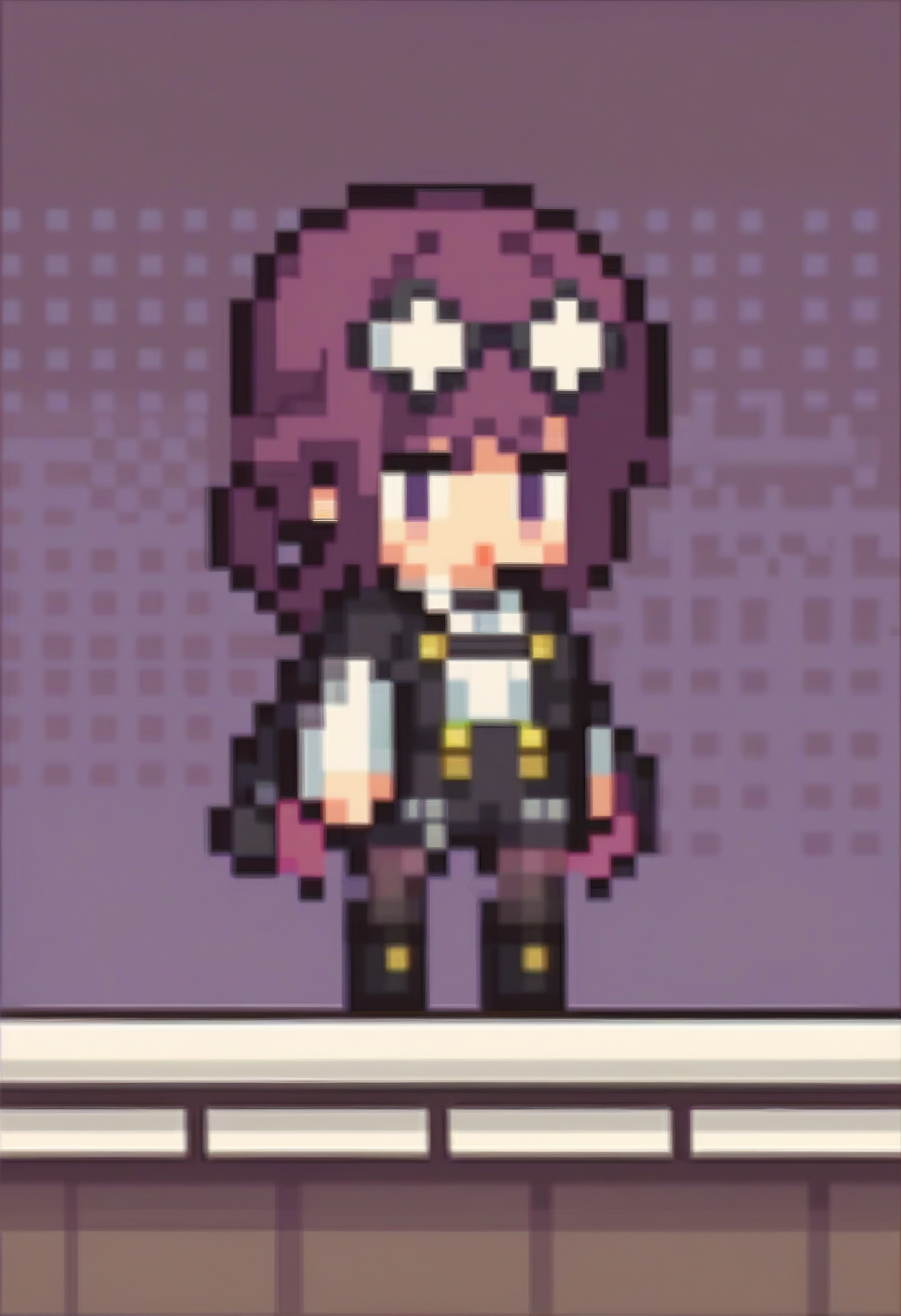 score_9, score_8_up, score_7_up BREAK solo, 1girl, clamKafka, purple hair, eyewear on head, chibi, pixel art, full body, black jacket, white shirt, black shorts, purple pantyhose, boots <lora:ChibiPixelArt_XLPD:1> <lora:clamKafkaPDXL:0.9>
