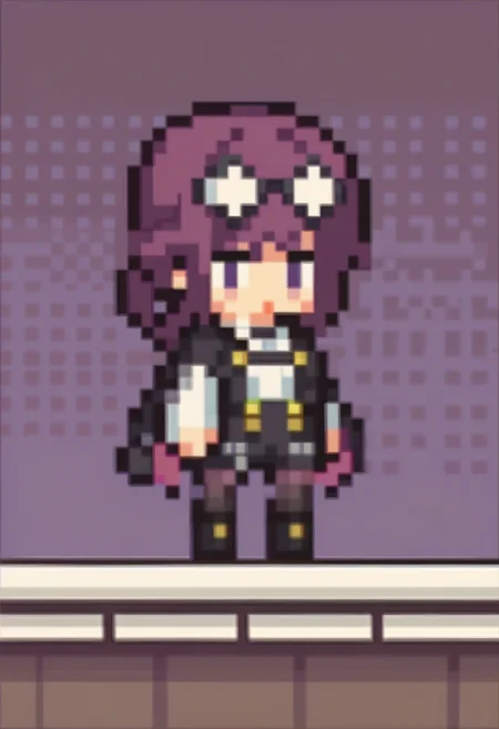 score_9, score_8_up, score_7_up BREAK solo, 1girl, clamKafka, purple hair, eyewear on head, chibi, pixel art, full body, black jacket, white shirt, black shorts, purple pantyhose, boots <lora:ChibiPixelArt_XLPD:1> <lora:clamKafkaPDXL:0.9>