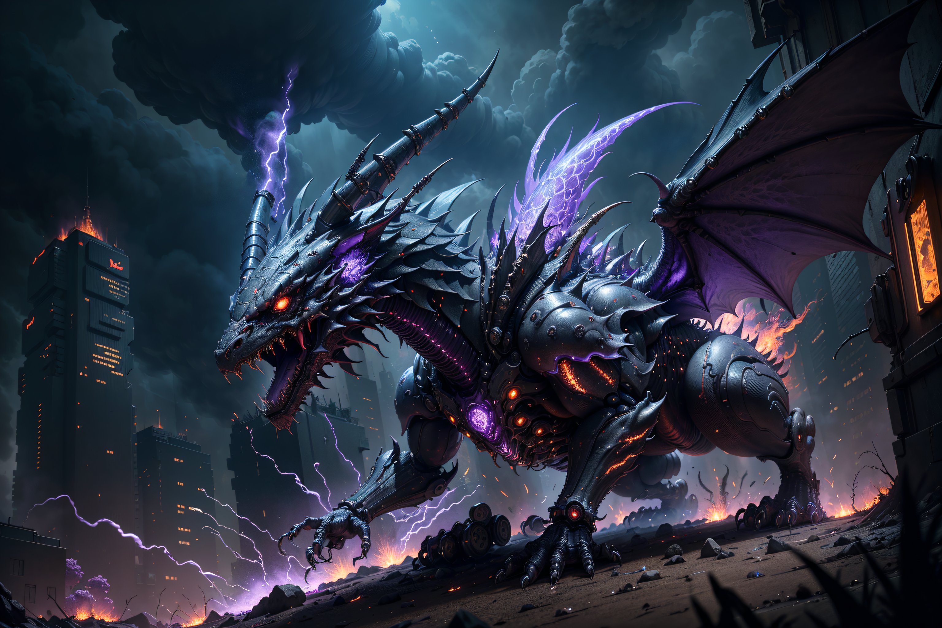 (robotic black and red dragon),(masterpiece, Extremely detailed, 8k, photorealistic,UHD,best quality, highres:1.3),robort,(photorealistic:1.2)(dept of field:1.2),dof, absurdres, (realistic:1.5),fine detail, HDR,  perfect illumination, distinct, , (open mouth),(cybernetic body),(fangs:1.2),(post-apocalyptic lanscape:1.2), wings, (claws),cyberpunk,electronic part,(breathing purple_fire:1.3),detailed eyes,
film grainy, insane details, intricate details, hyperdetailed, unreal engine, trend on artstation,highly detailed,science-fiction,futurist,
(mechanical),
<lora:Dragons v1:0.3>,<lora:FINAL  Robort:0.2>
